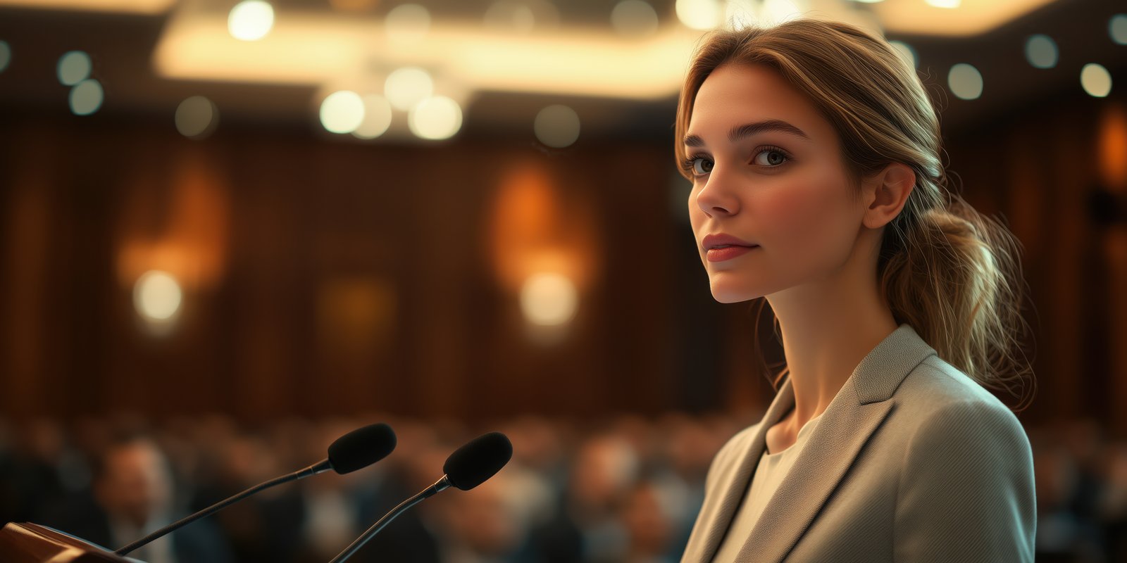 Young woman speaks at conference addressing important issues in a formal setting with an engaged audience